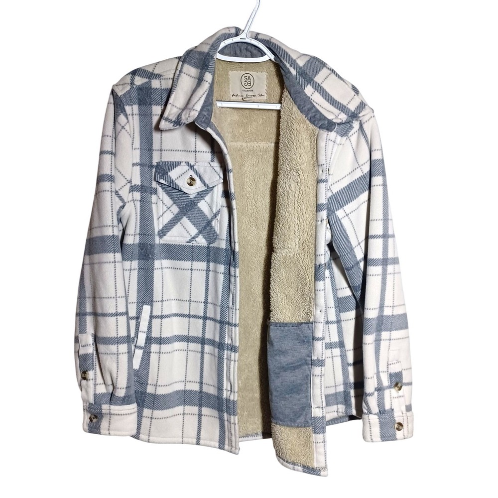 SAGE Collective Women L Plaid Sherpa Lined Cozy Shacket Button Front Gray White